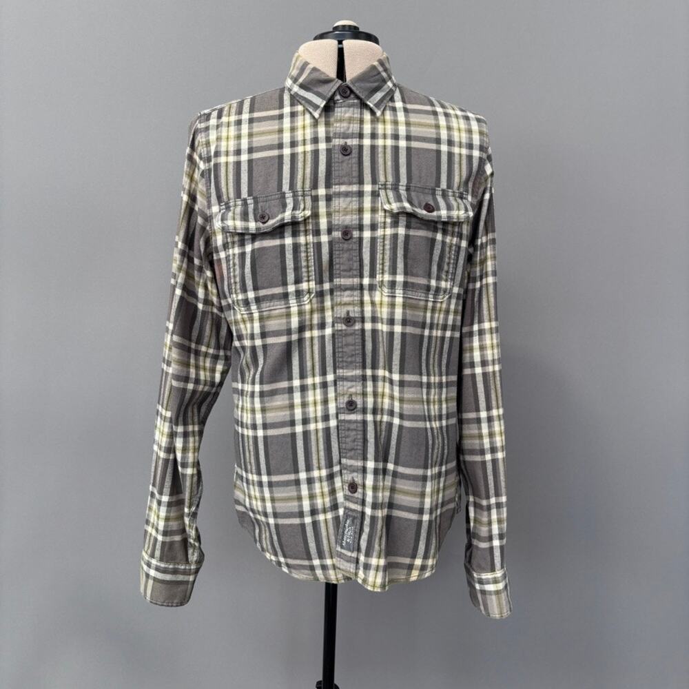 Abercrombie & Fitch Tan Gray Plaid Button Front Two Pocket Muscle Shirt Sz XL